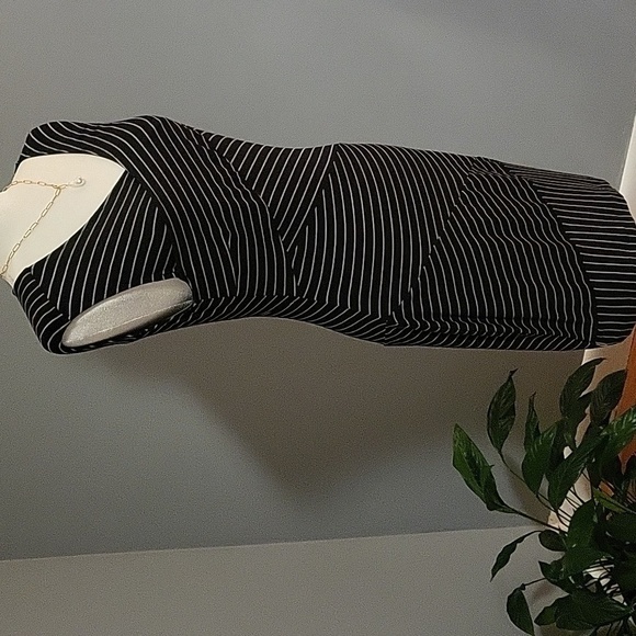 Anne Taylor Petite Black and Tan V-Neck Bodycon Striped Dress - Size SP - Picture 3 of 7